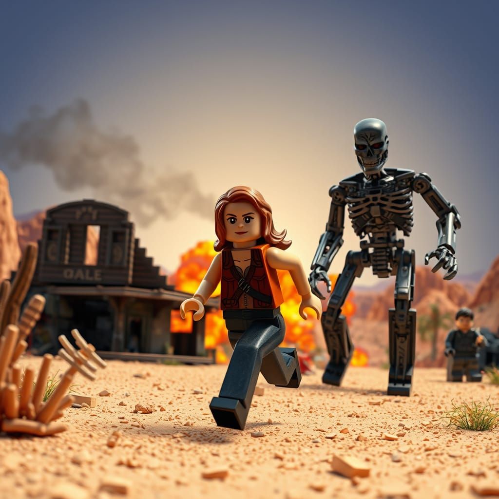 Lego Sarah Connor Pursued by T-1000 in Desert
