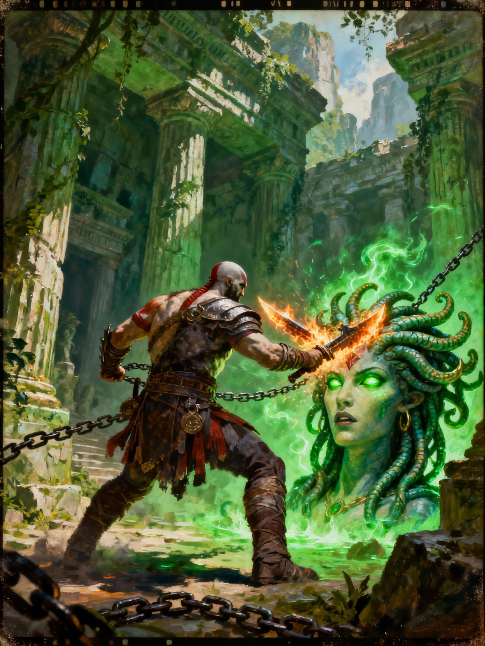 Kratos Battles Medusa in Burning Temple Ruins