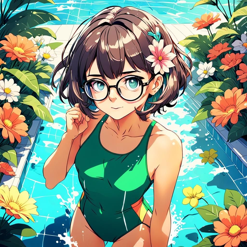 80s Anime Woman in Bathing Suit with Flowers
