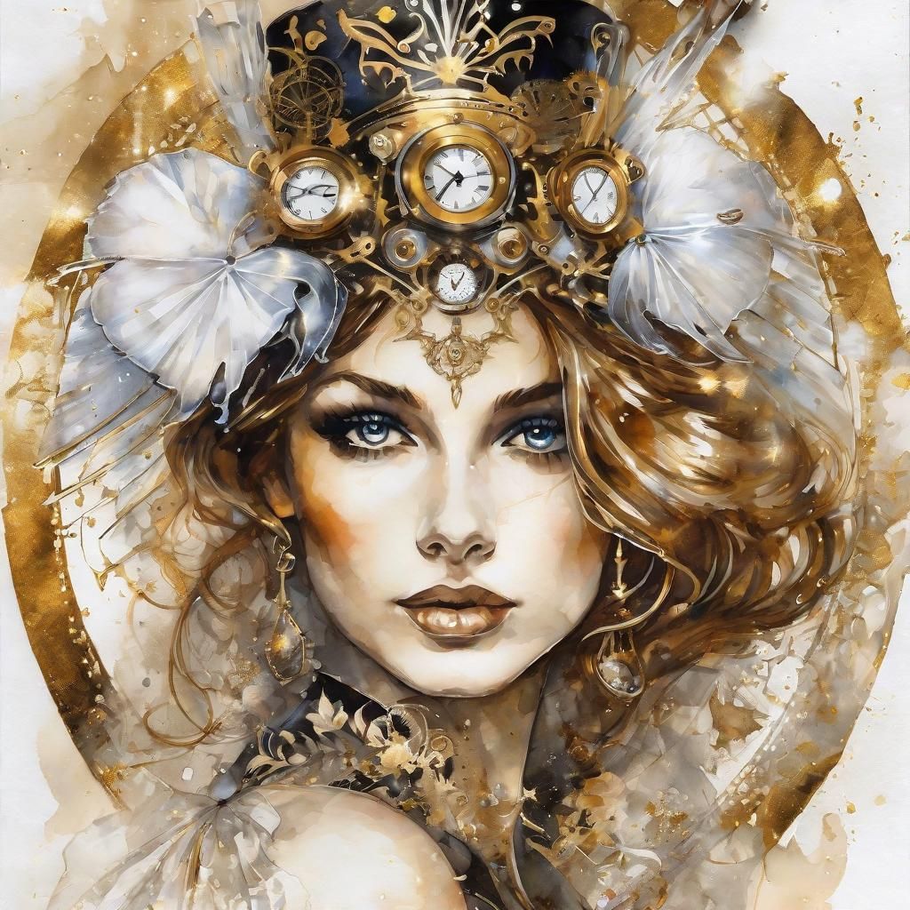 Steampunk Angel: Watercolor Portrait with Golden Eyes