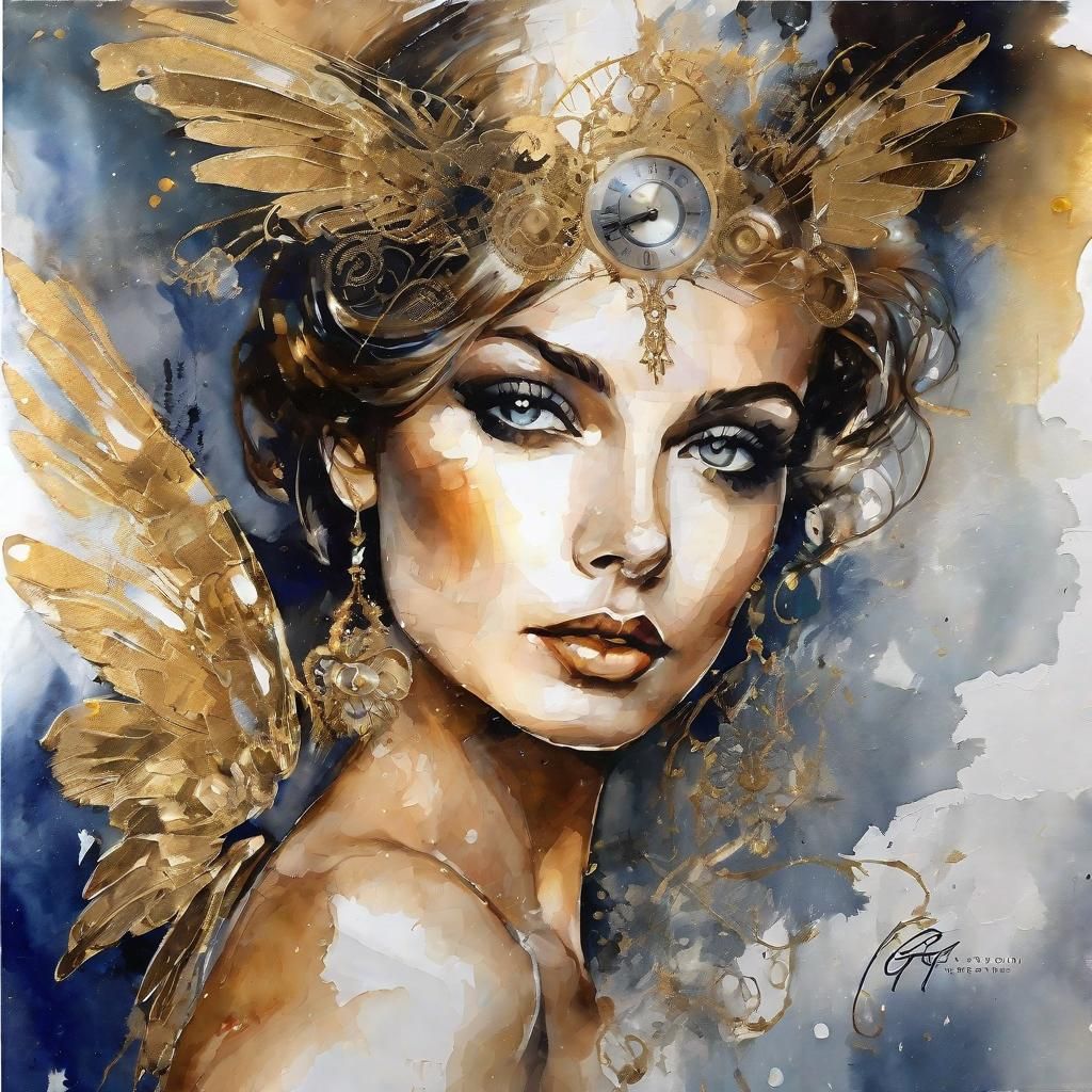 Regal Steampunk Lady Portrait in Watercolor Style