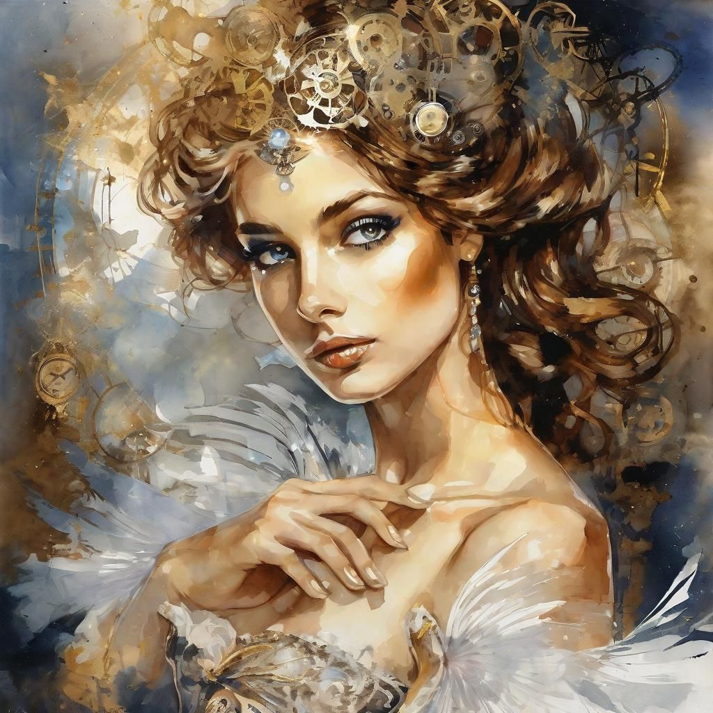 Regal Steampunk Lady Portrait in Watercolor Style