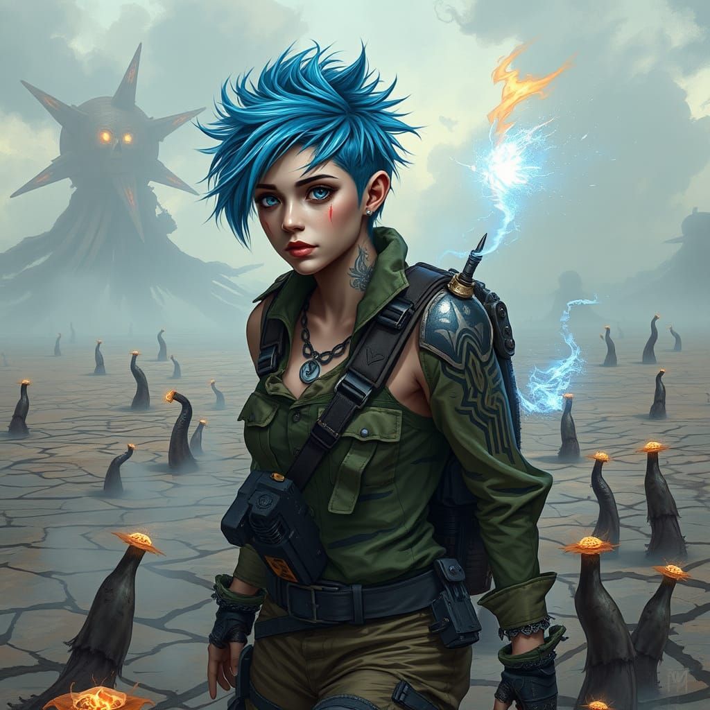 Cyberpunk Survivalist with Ethereal Guide in a Post-Apocalyp...