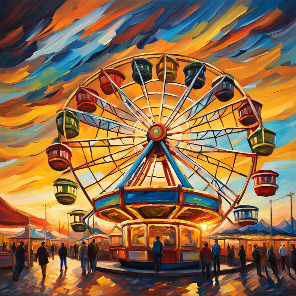 Colorful Ferris Wheel at Sunset as Oil Painting