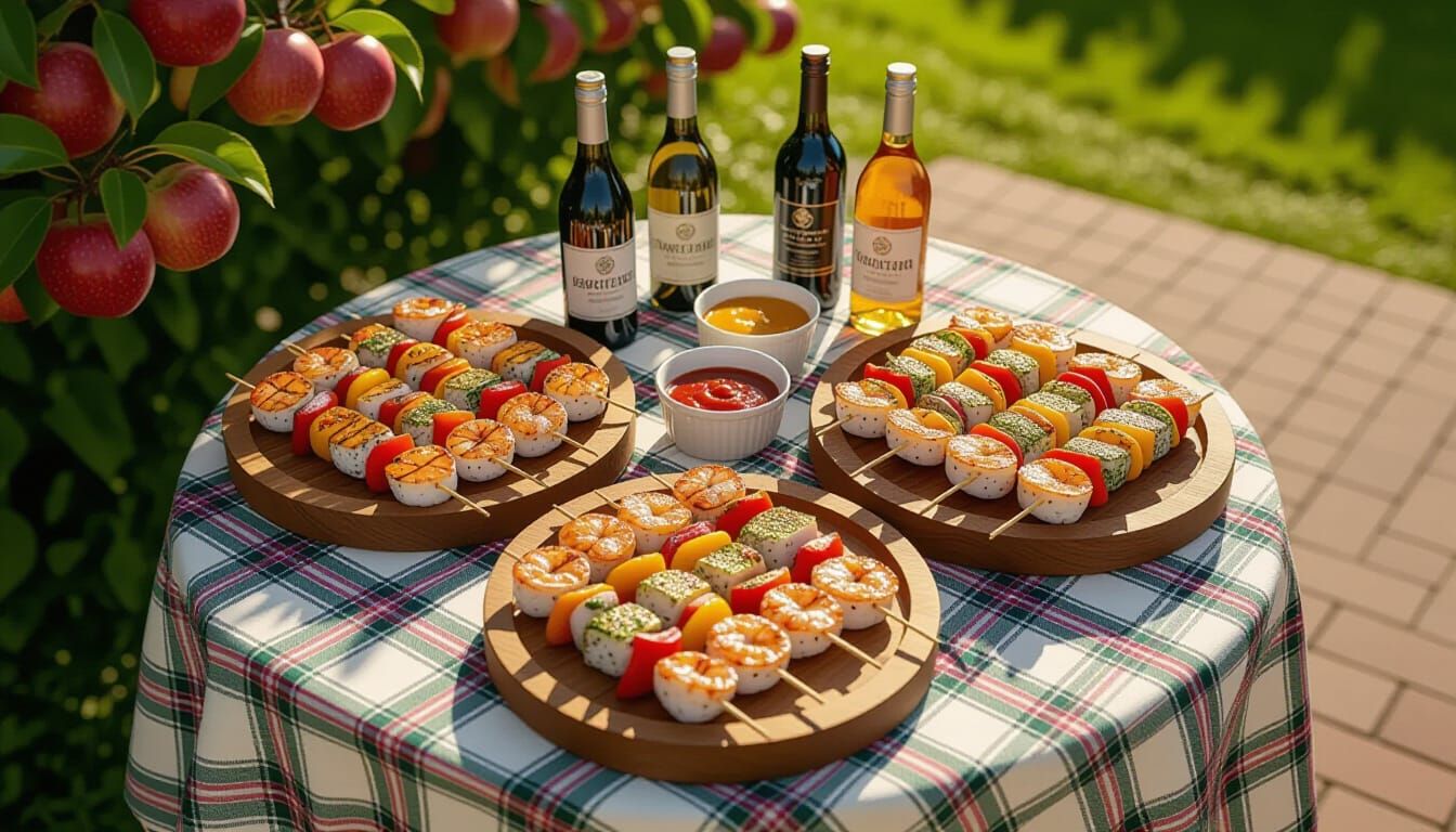 Charming Grilled Seafood Skewers on Plaid Tablecloth