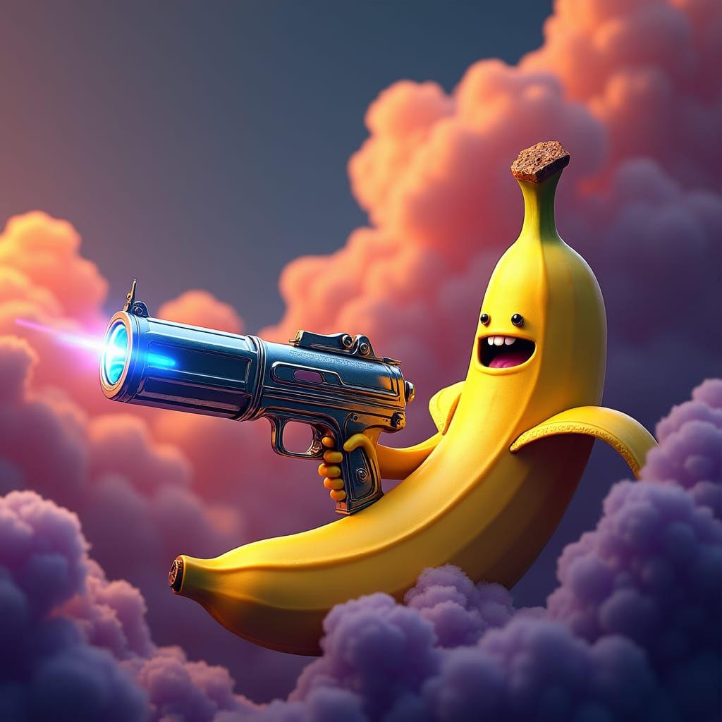 Banana Warrior with Laser Gun in Fantasy Landscape