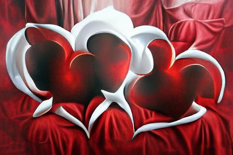 White Hearts on Red Background: Oil Painting