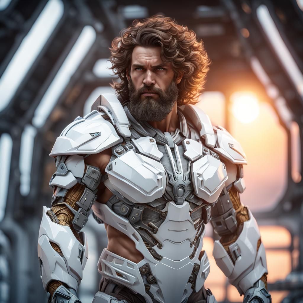 Man in Hi-Tech Armor at Sunrise: Digital Art