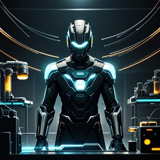 Futuristic Inventor Tinkers with Complex Device in Laborator...