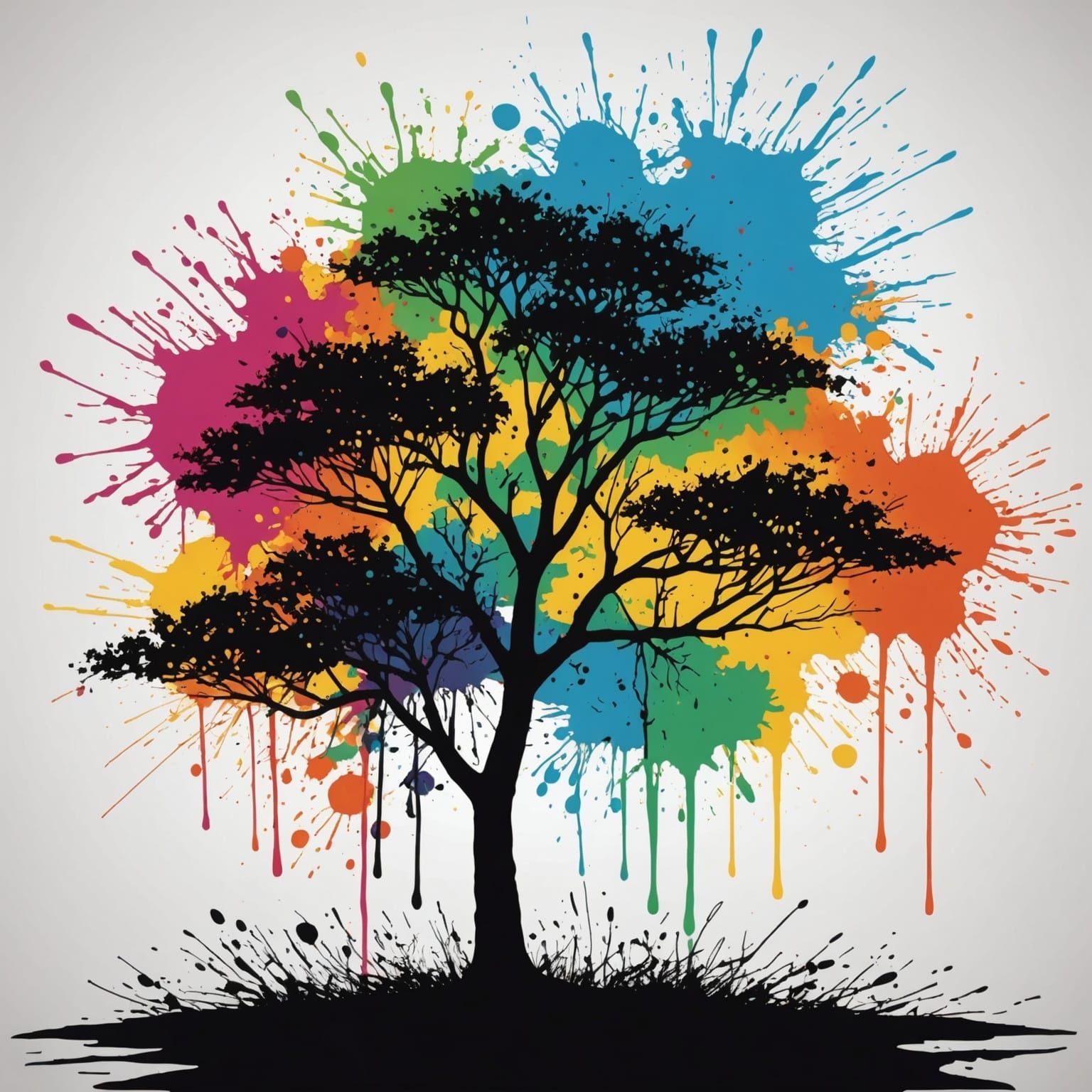 Tree Silhouette in Colorful Ink Splatter Art