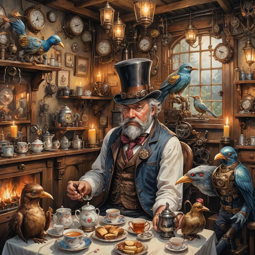 Steampunk Bird Tea Party in Cozy Cottage