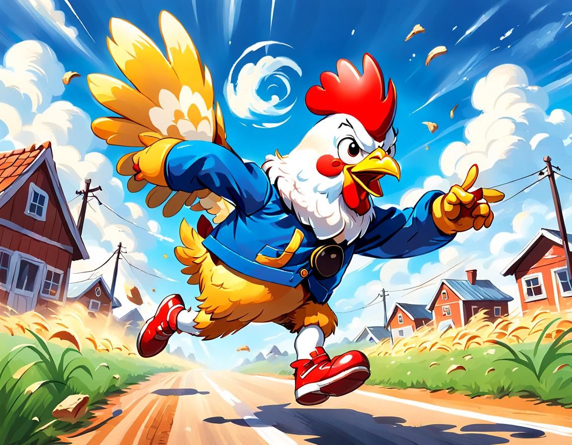 Anthropomorphic Chicken Amidst Falling Sky Chaos
