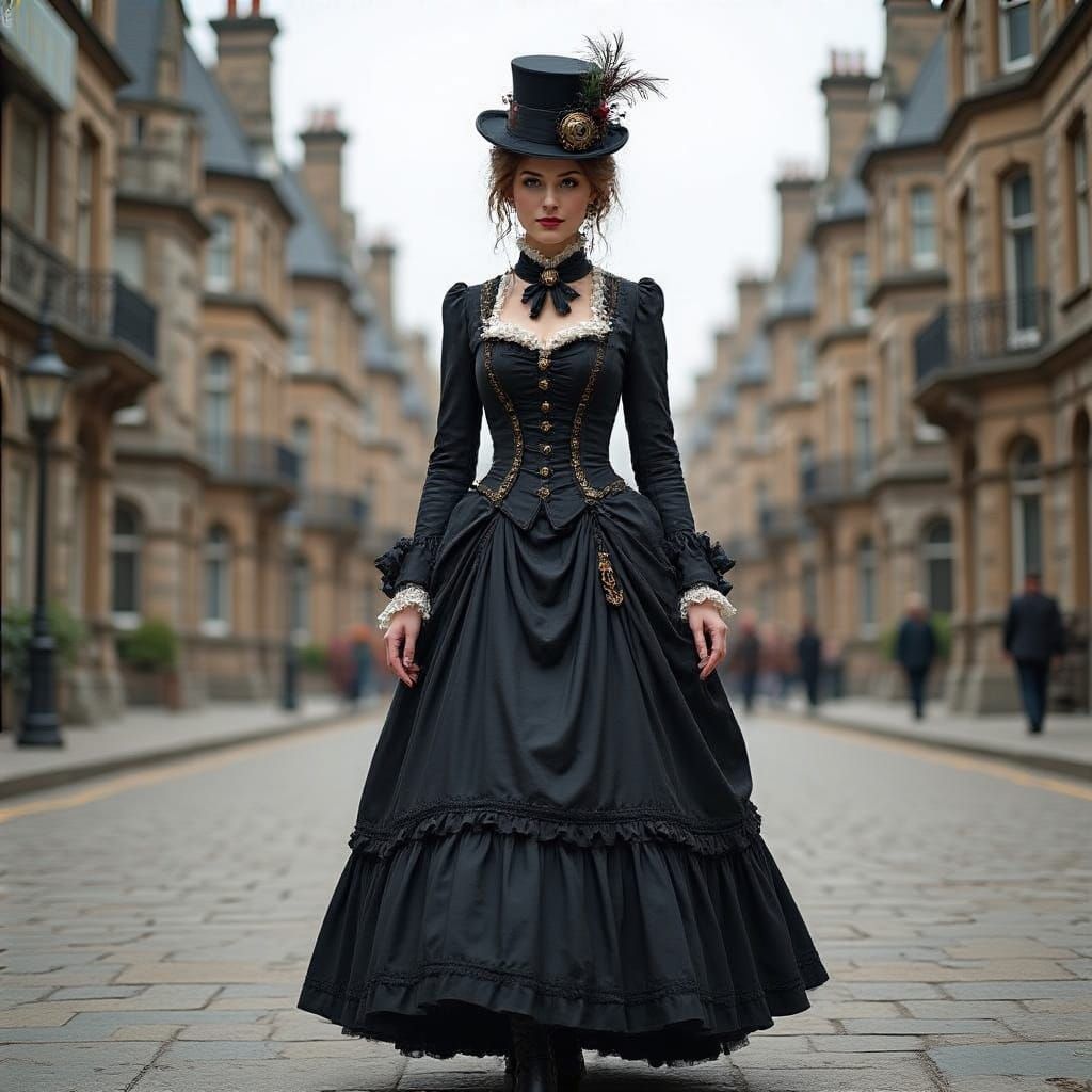 Steampunk Lady Strolls Victorian City Streets