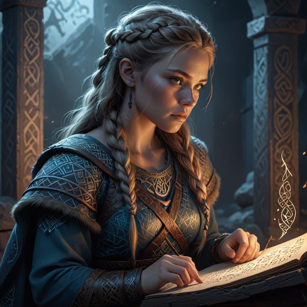 Viking Woman Studying Mystical Runes in Digital Art Style