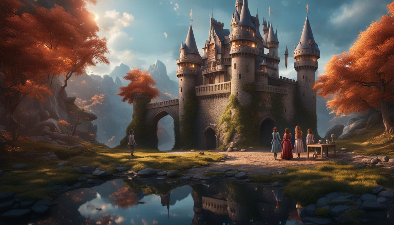 Girls Admire Model Castle: Detailed Matte Painting