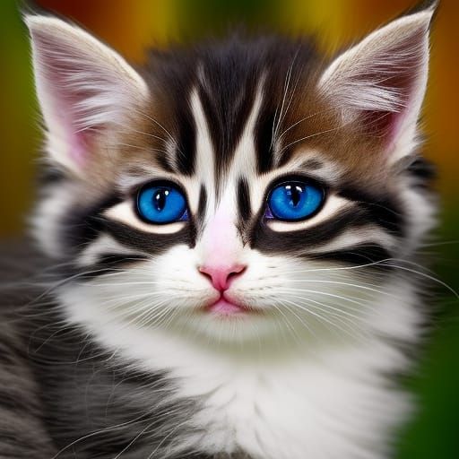 Detailed Fluffy Kitten at Computer, Digital Art