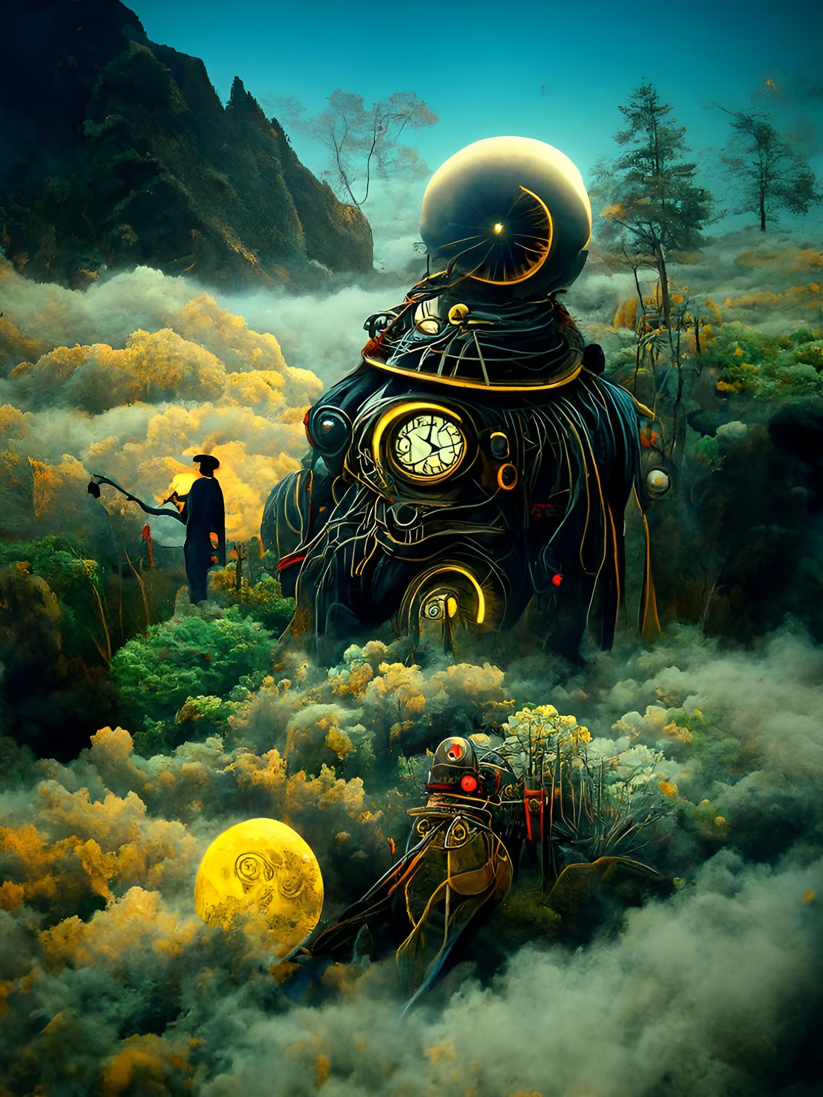 Clockwork Wizard in Steampunk Biopunk Landscape