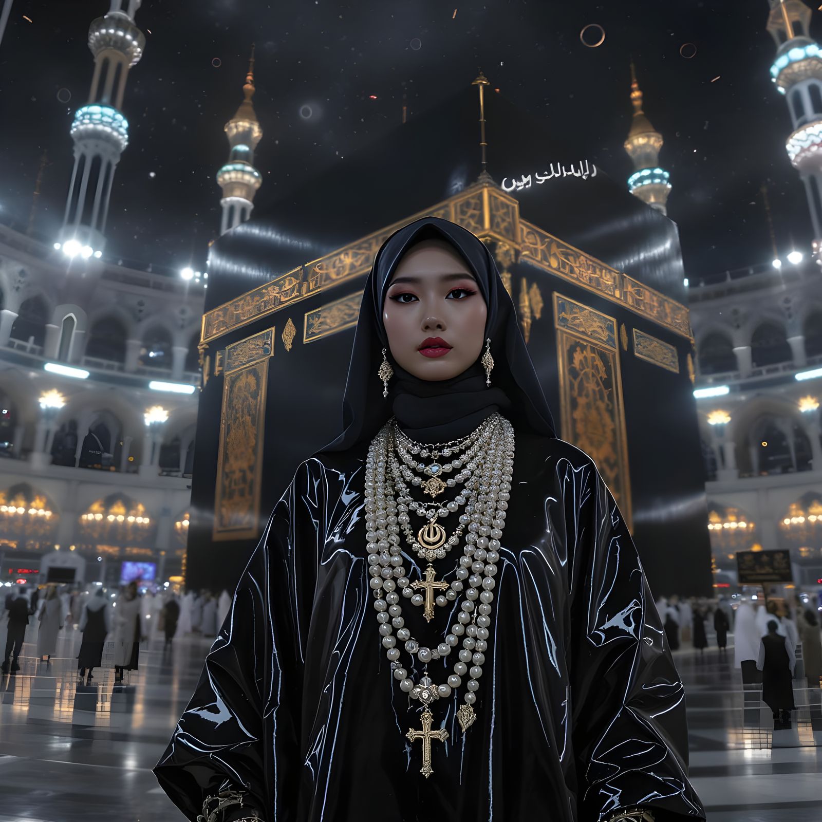 Futuristic Asian Woman at Kaaba in Cyberpunk Style