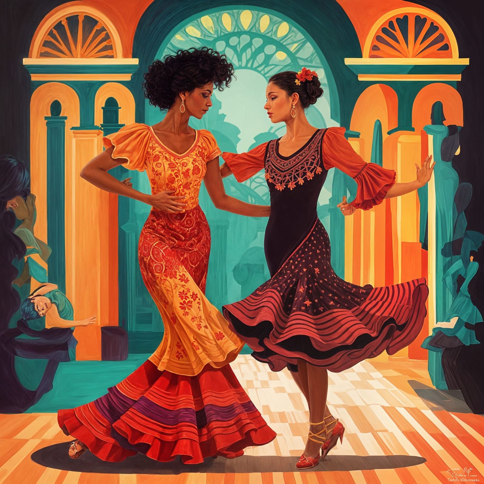 Flamenco Dancers in Art Deco Ballroom