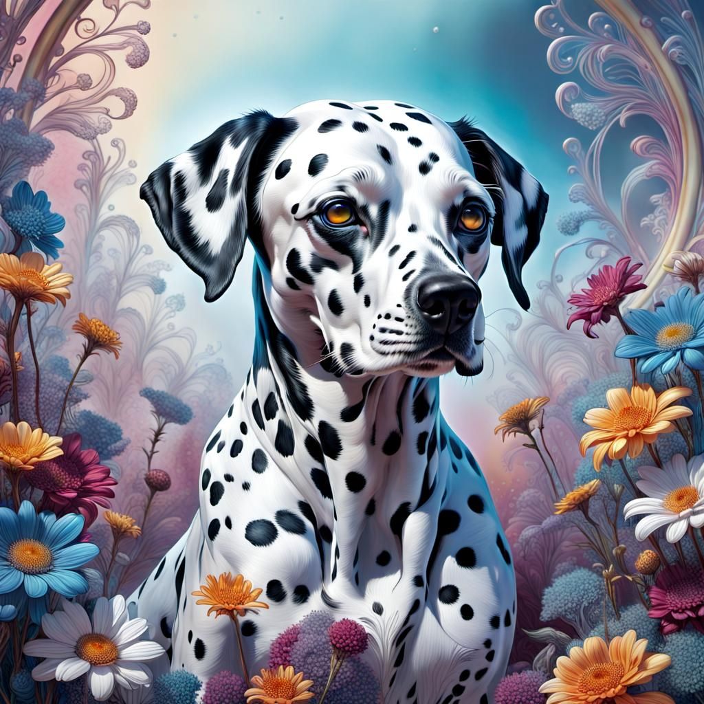 Surreal Dalmatian Dog with Quantum Flower Internals
