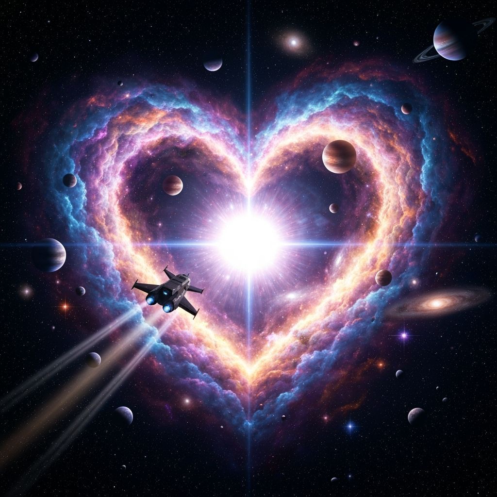 Spaceship Navigates Heart Nebula in Cosmic Scene