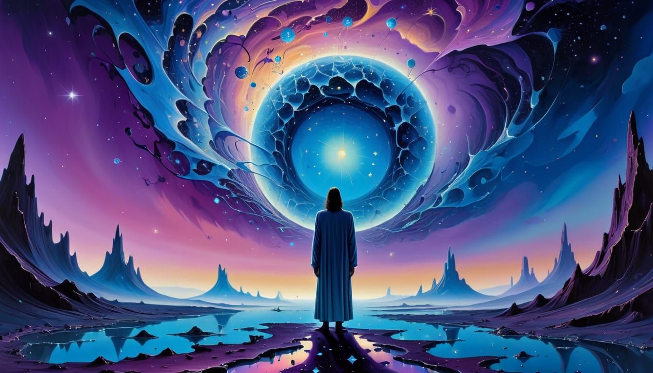 Surreal Oil Painting of a Figure in a Starry Expanse