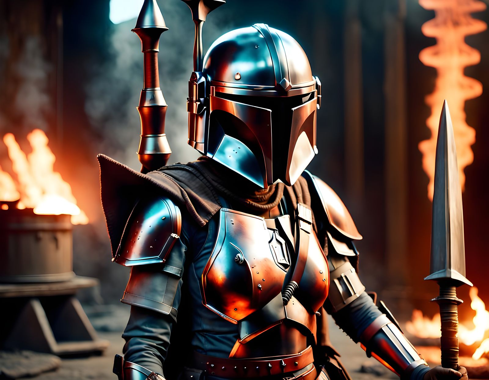 Female Mandalorian Armorer. She is creating a Mandalorian sp...