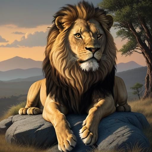 Majestic Lion Overlooking Savannah in Oil Painting Style