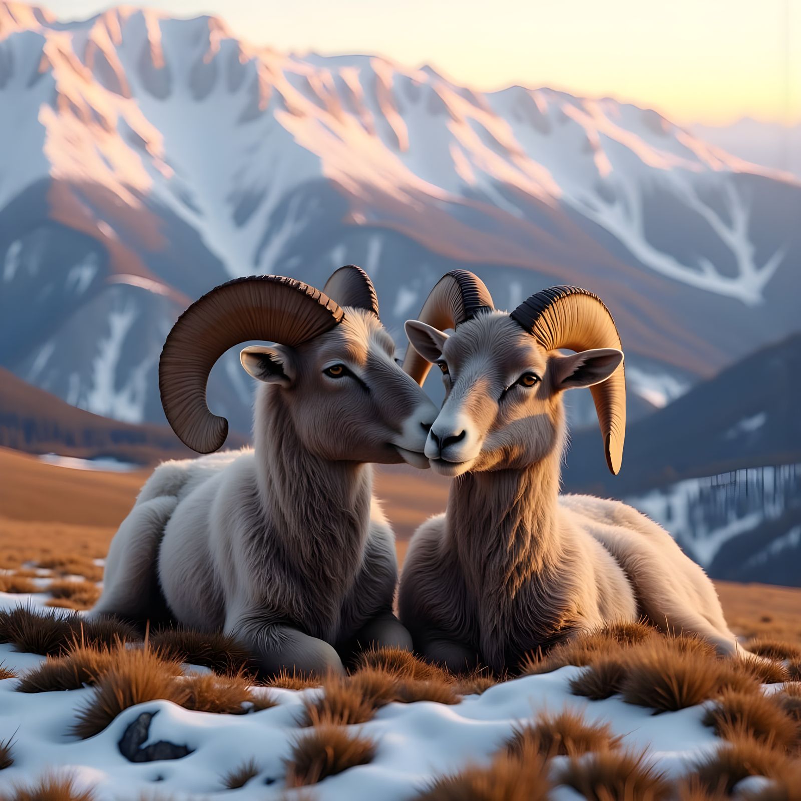 Snowy Sunrise Scene of Big Horn Sheep Embracing in a Mountai...