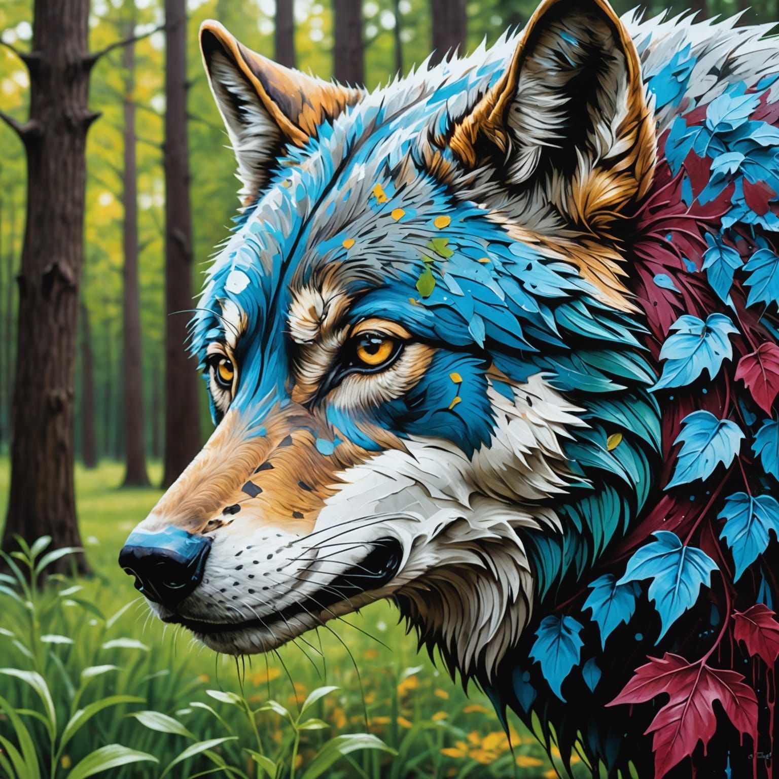 Wolf Forest Graffiti Art in Polychromatic Colors