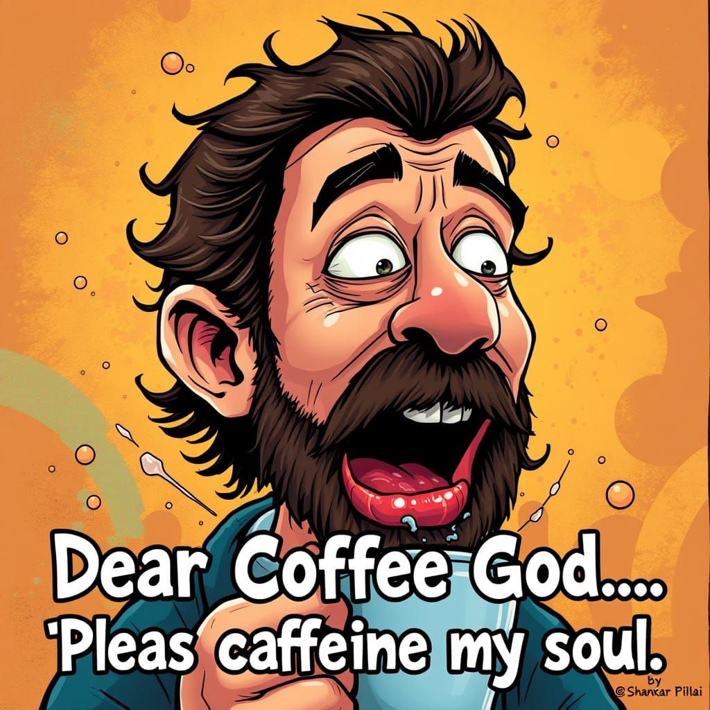 Surreal Cartoon Prayer to Coffee God in Hyperrealistic Splas...