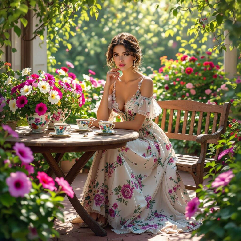 Woman Surrounded by Petunias in Lush Garden