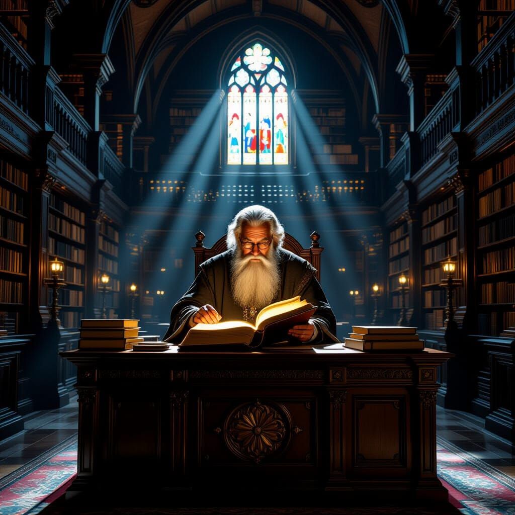 Wise Scholar Studying Tome in Grand Library