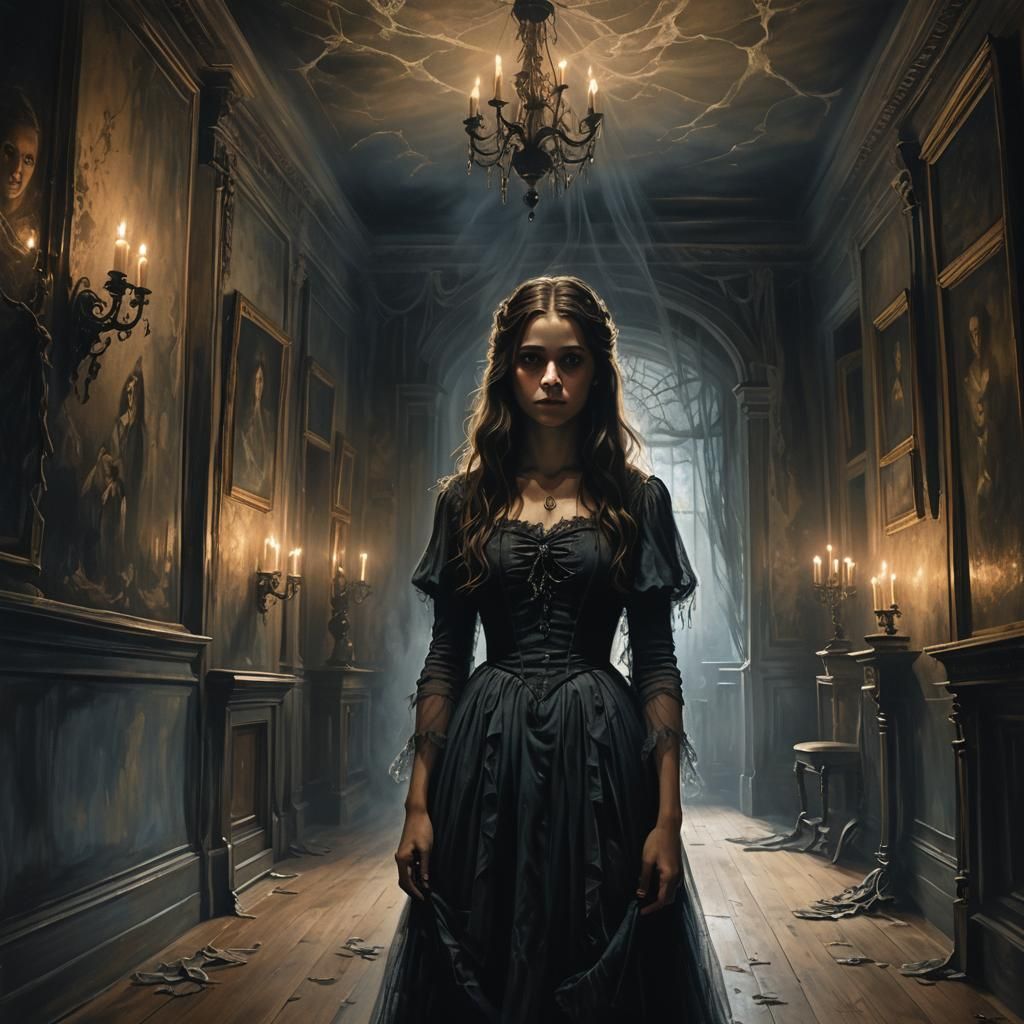 Teenage Girl in Haunted Mansion, Dark Academia Style