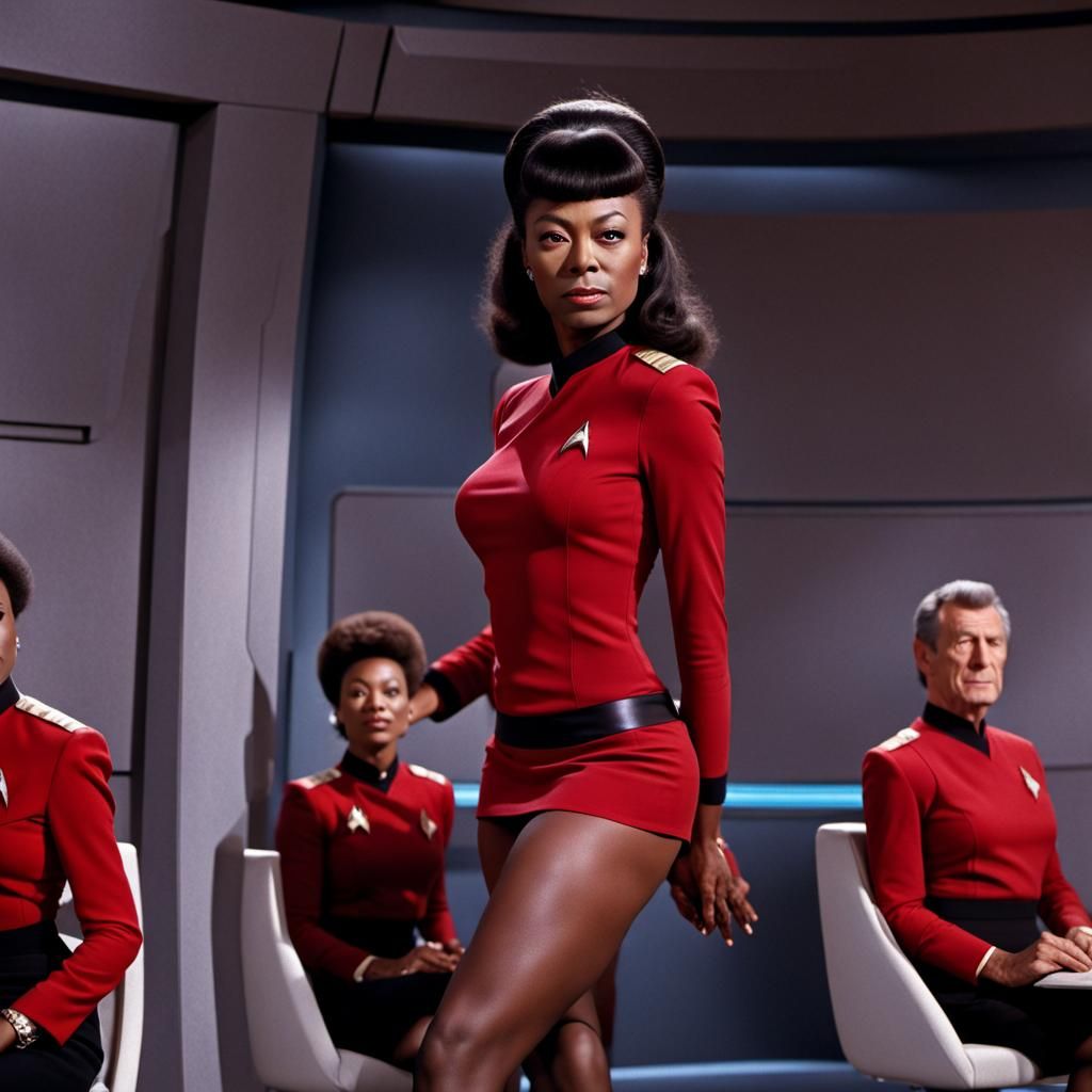Officer Uhura in communications, in a mini skirt, red unifor...