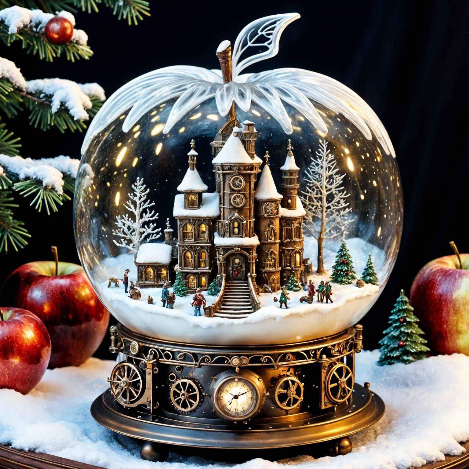 Ethereal Steampunk Christmas Scene in Enchanted Glass Apple
