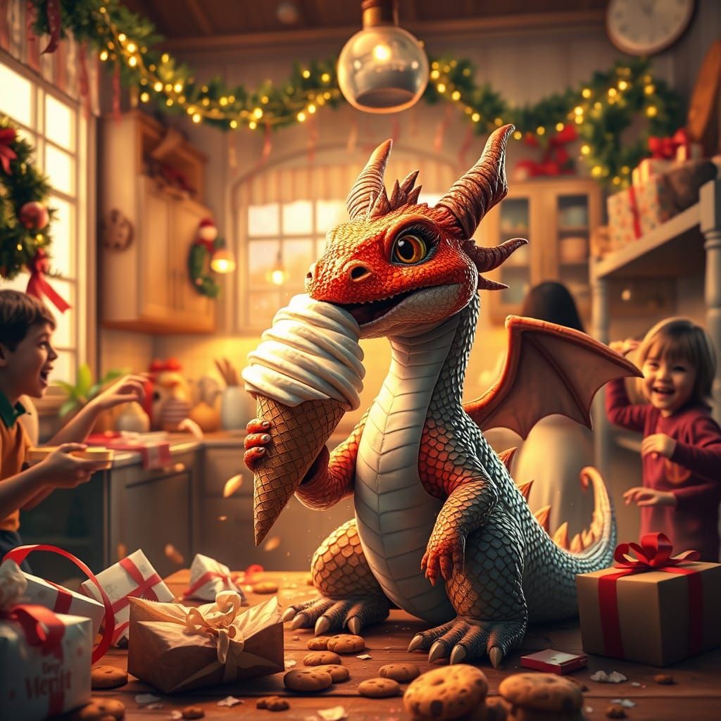 Cherubic Baby Dragon Takes Ice Cream in Whimsical Christmas....