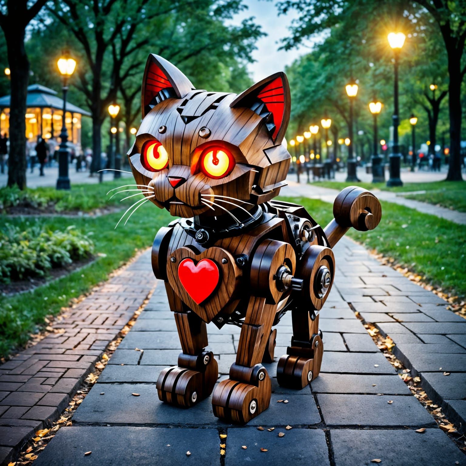 Wooden Mechanical Cat Walking in the Park