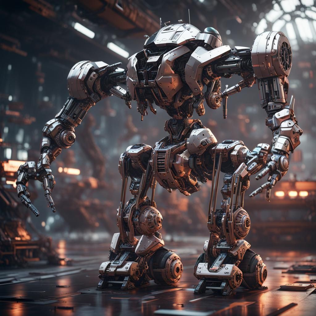 Detailed Sci-Fi Robots in Polished Metal