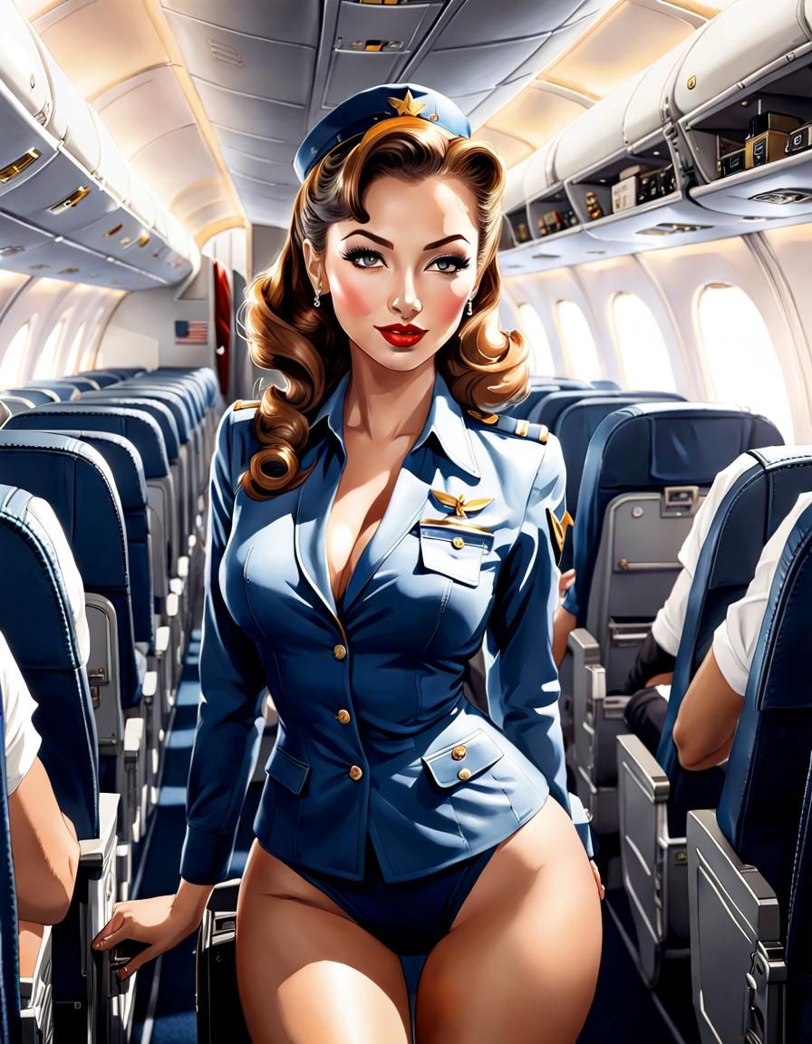 Pin-Up Flight Attendant in Ink and Watercolor