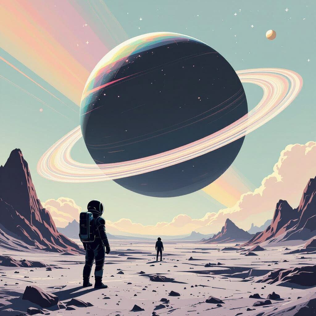 Astronaut on Geometric Asteroid Gazing at Ringed Planet