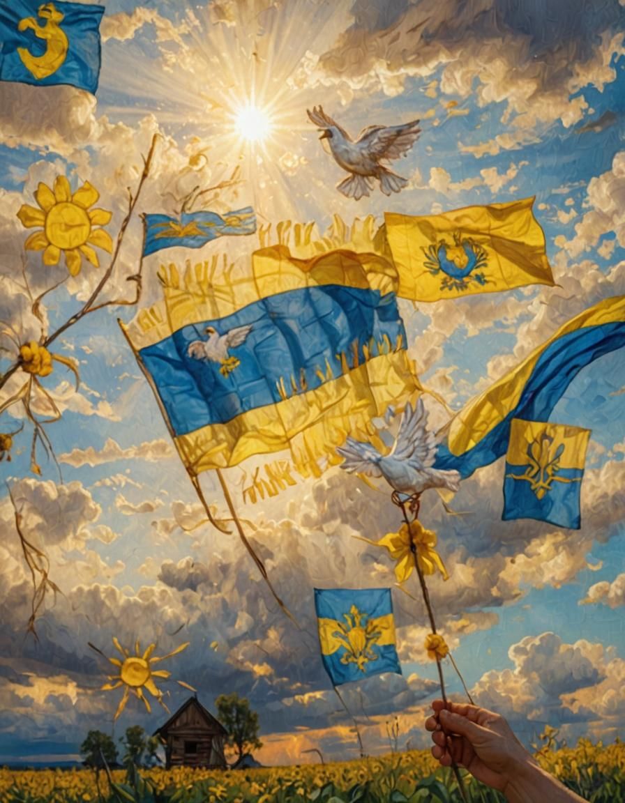 Ukrainian Flag in Folk Art Style with Dove