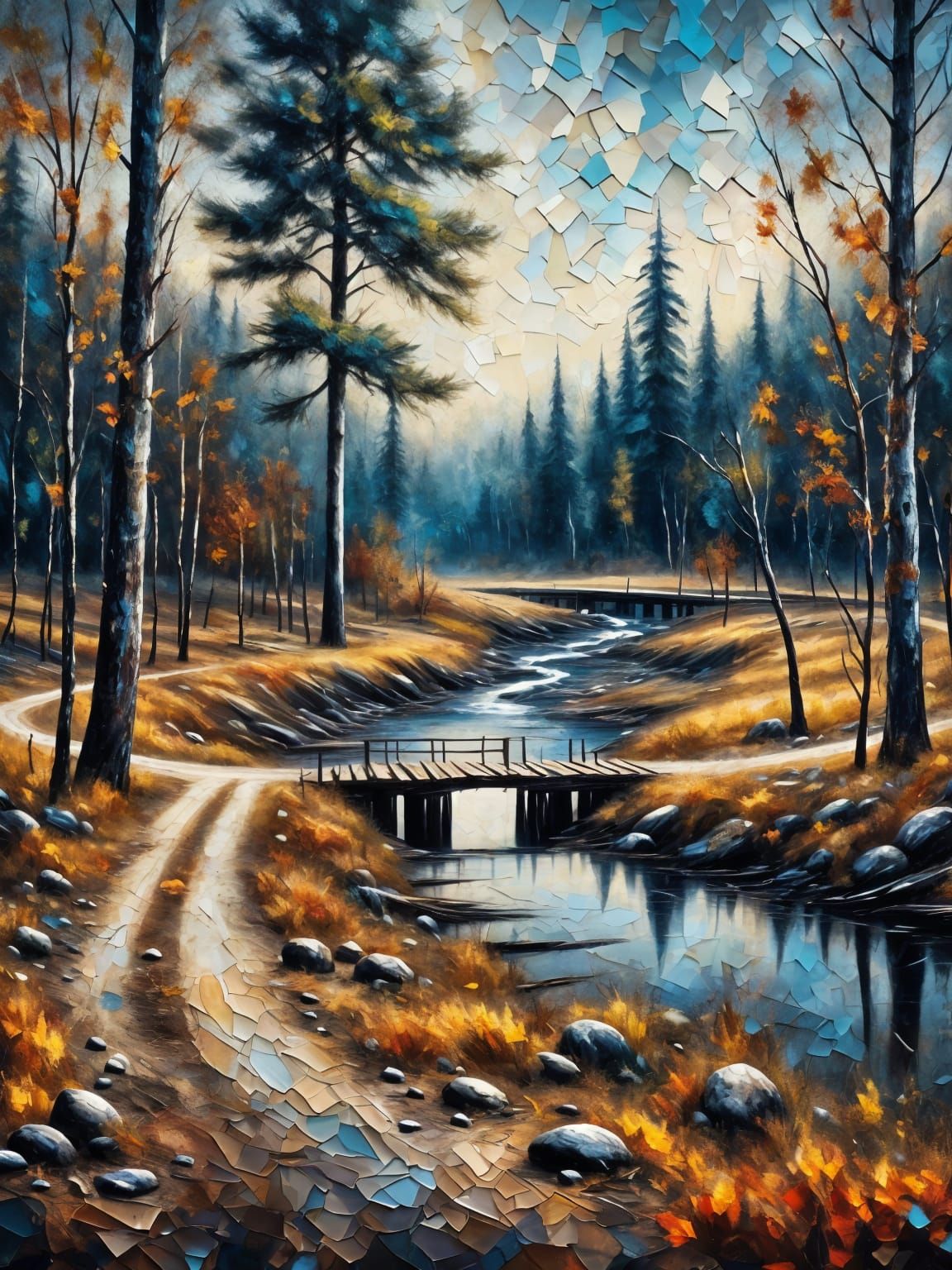 Abandoned Roadway Bridge in Neo-Impressionist Oil Painting