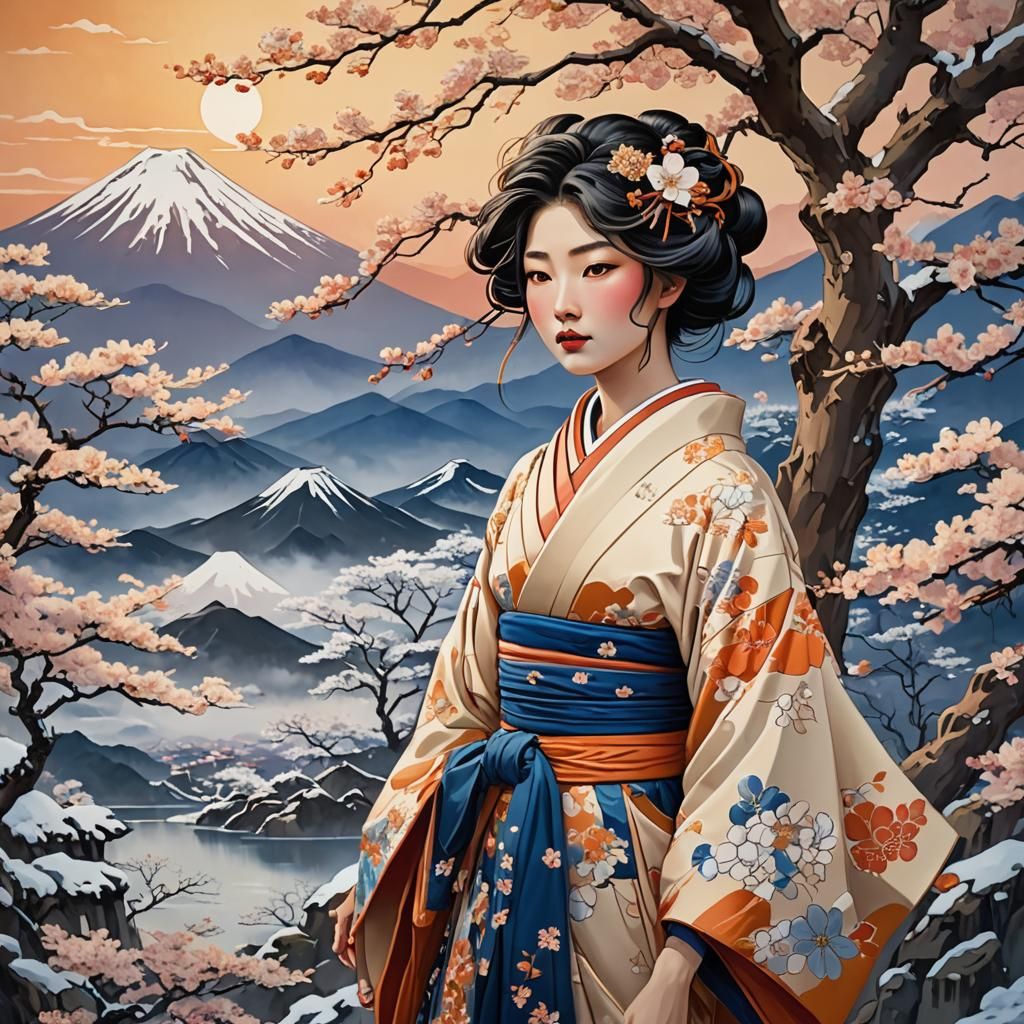 Asian Woman Gazing at Fujiyama in Art Nouveau Style