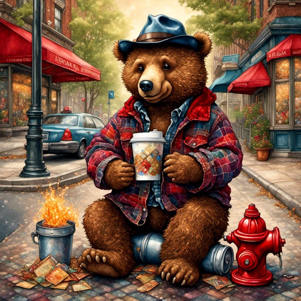 Bear Offers Drink in City, Digital Illustration