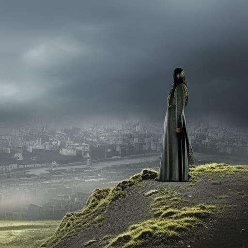 Post-Apocalyptic Warrior Woman in Burning City