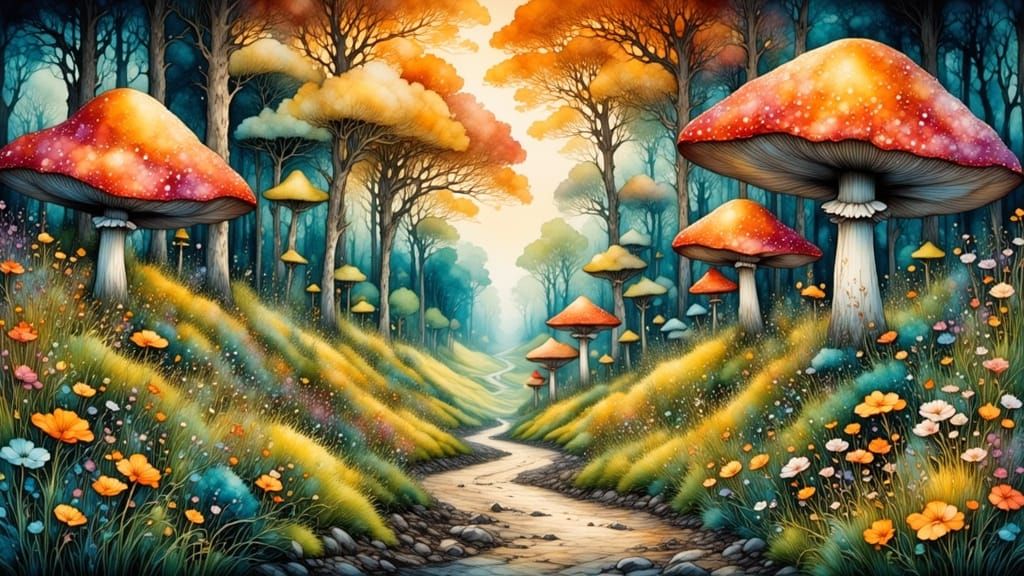 Enchanted Mushroom Path in Watercolor Fantasy Style