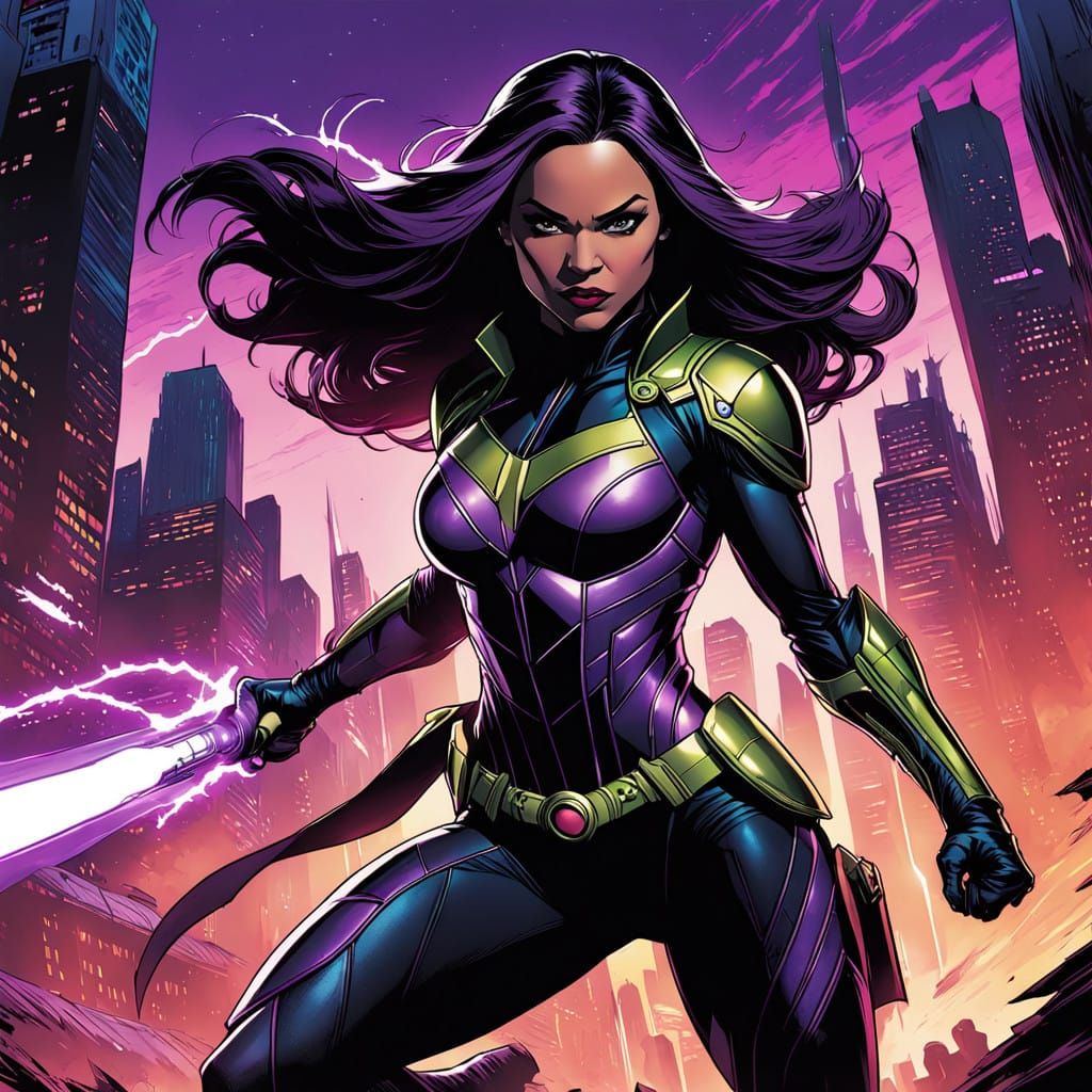 Epic Female Superhero in Gritty Urban Landscape