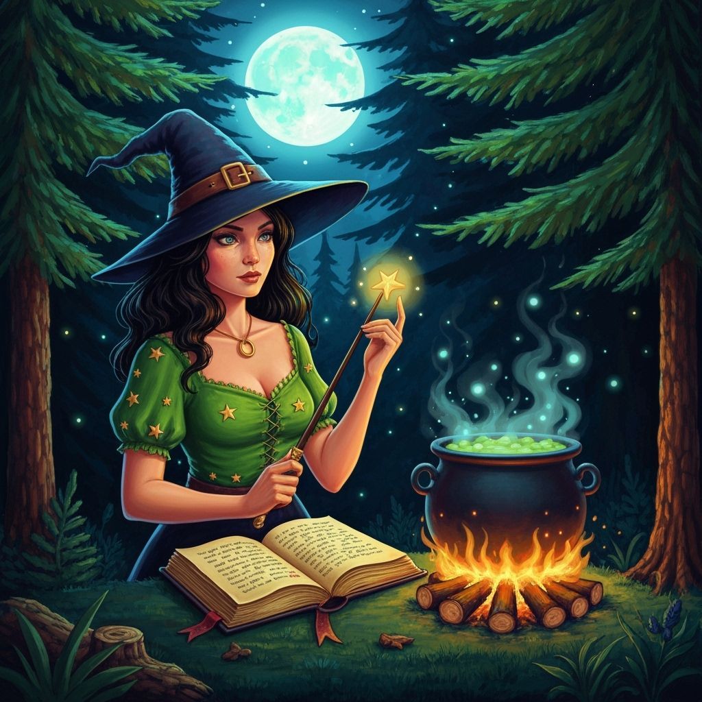 Enchanting Witch in Magic Forest with Wand and Cauldron