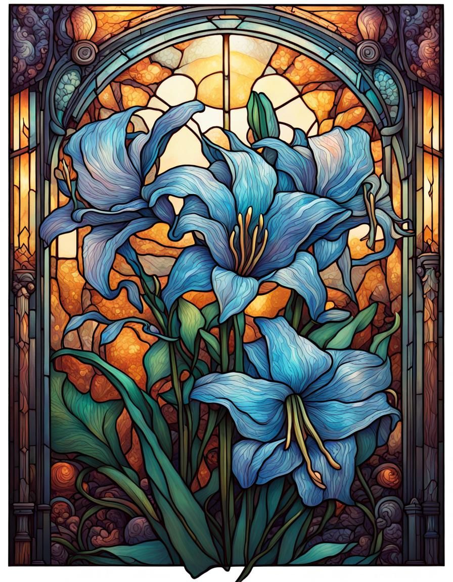 Stained Glass Lilies in Hyperdetailed Illustration